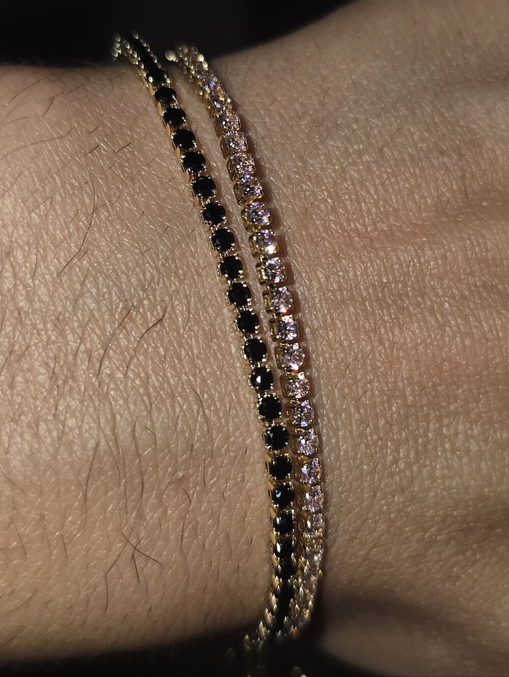 Dainty Pink & Black CZ Adjustable 7-8 Tennis Bracelet Set 18K Yellow Gold Filled